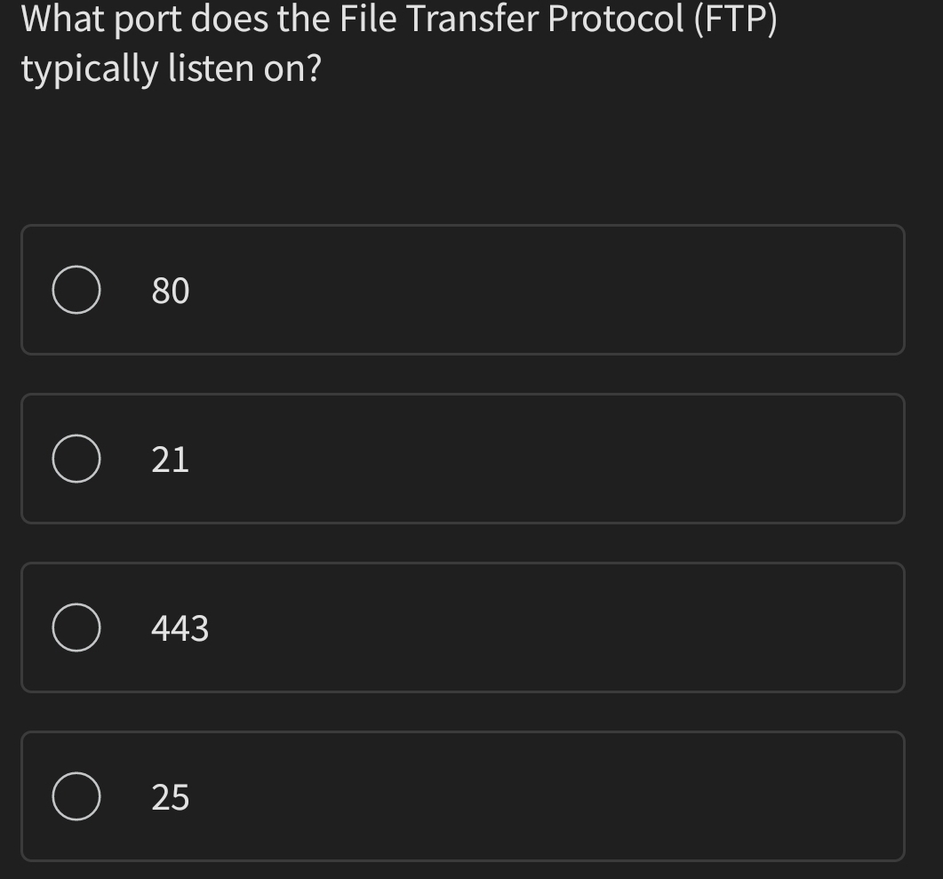 What port does the File Transfer Protocol ( FTP )
