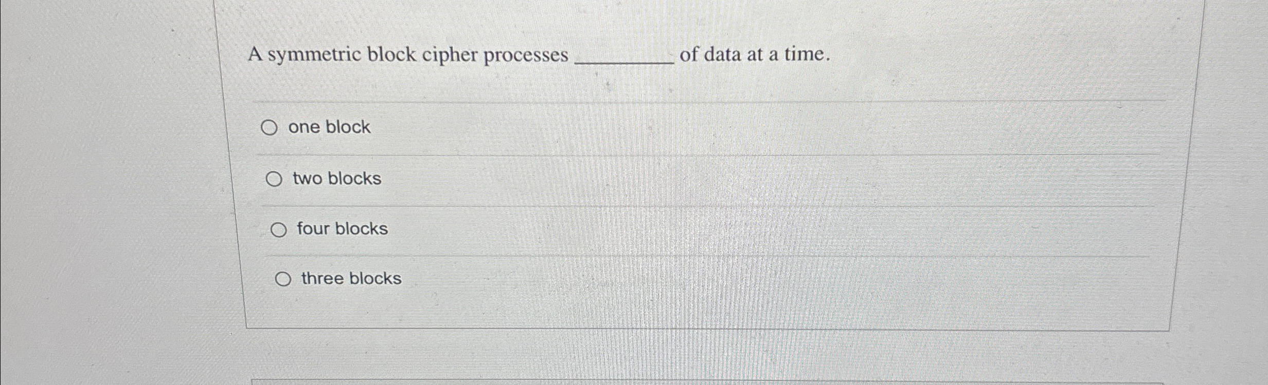 A symmetric block cipher processes of data at a