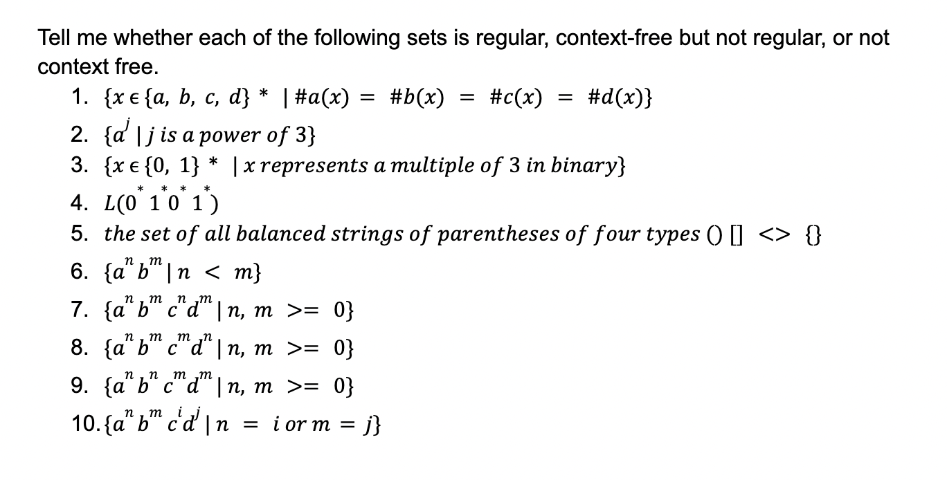 Tell me whether each of the following sets is