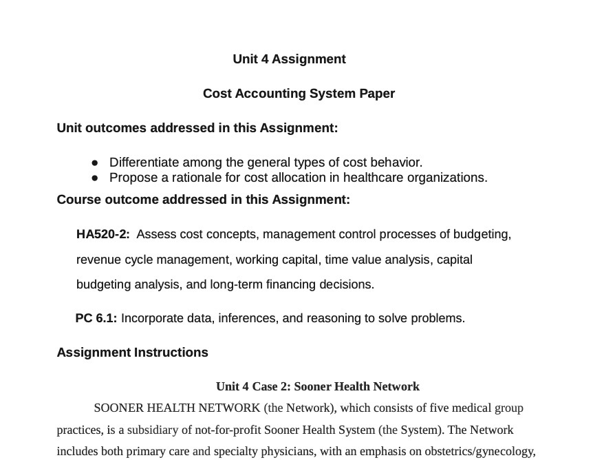 Unit 4 Assignment Cost Accounting System Paper