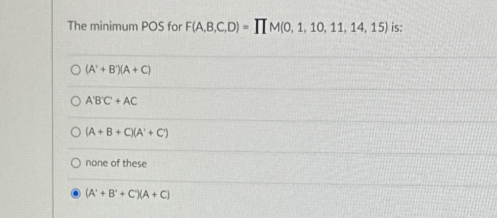 The minimum POS for F ( A , B , C , D ) = prodM (