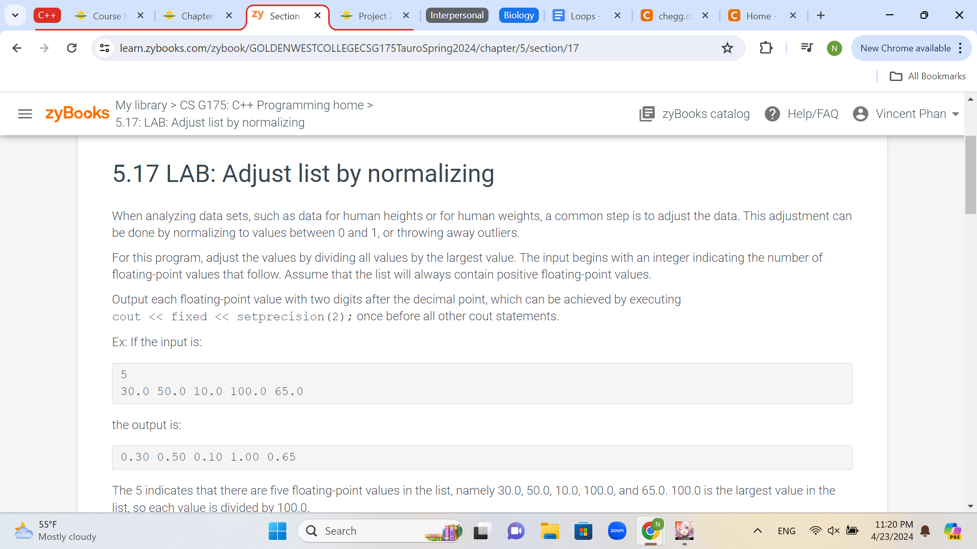 5 . 1 7 LAB: Adjust list by normalizing When