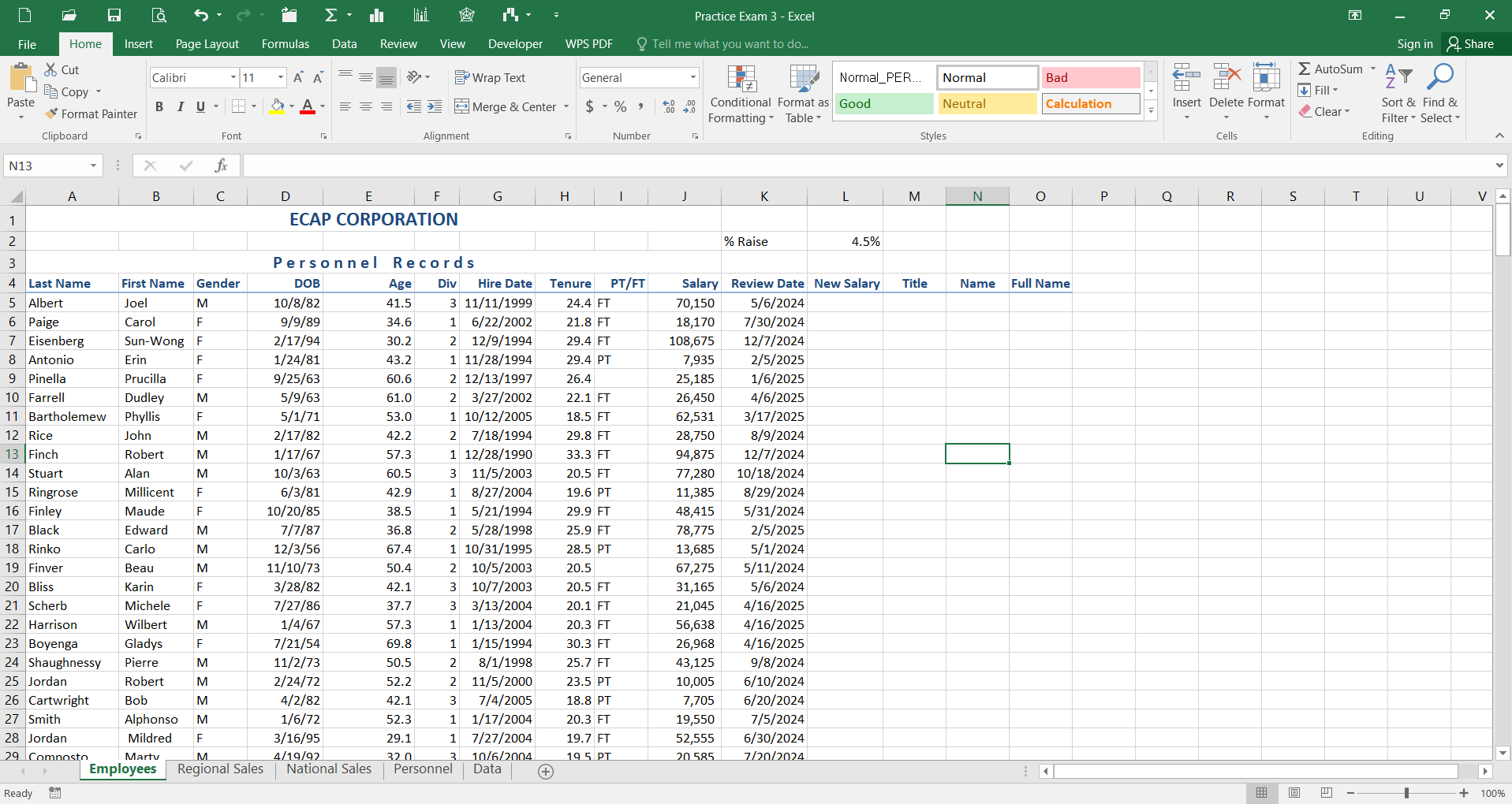 1 . On the Employees sheet using the percentage