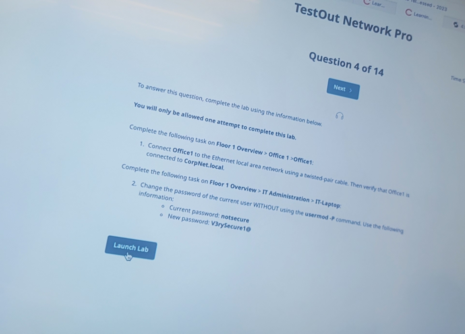 Testout Network Pro Question 4 of 1 4 To answer