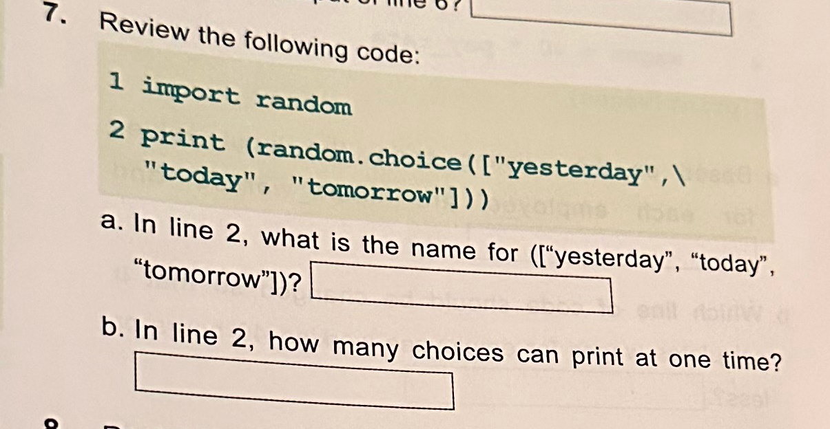 Review the following code: 1 import random 2