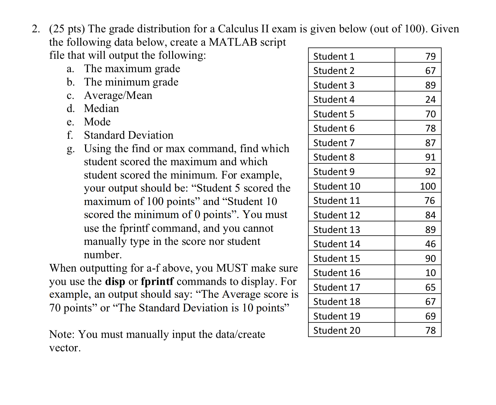 PLEASE CODE ON MATLAB The grade distribution for