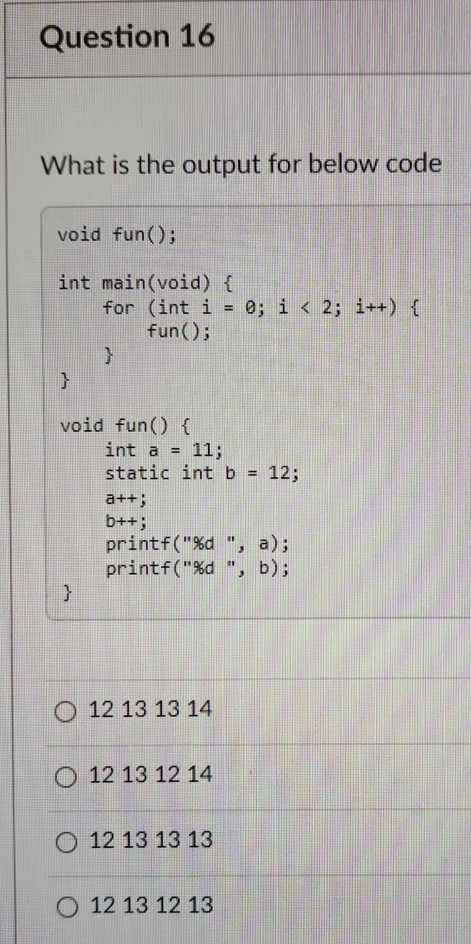 Question 1 6 What is the output for below code 1