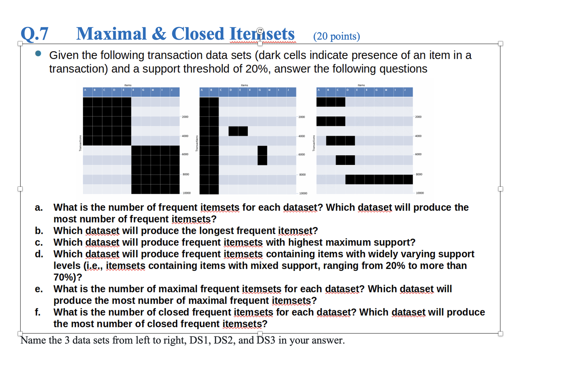 Q . 7 Maximal & Closed Itenisets ( 2 0 points )