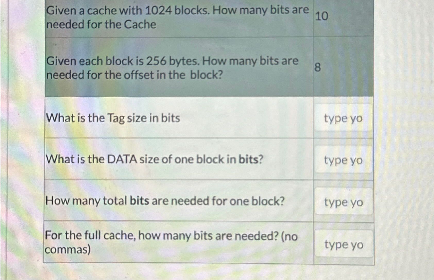 Given a cache with 1 0 2 4 blocks. How many bits