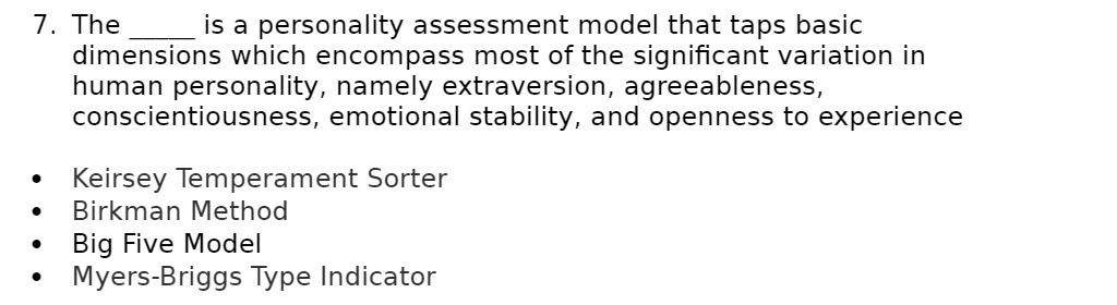 7. The is a personality assessment model that