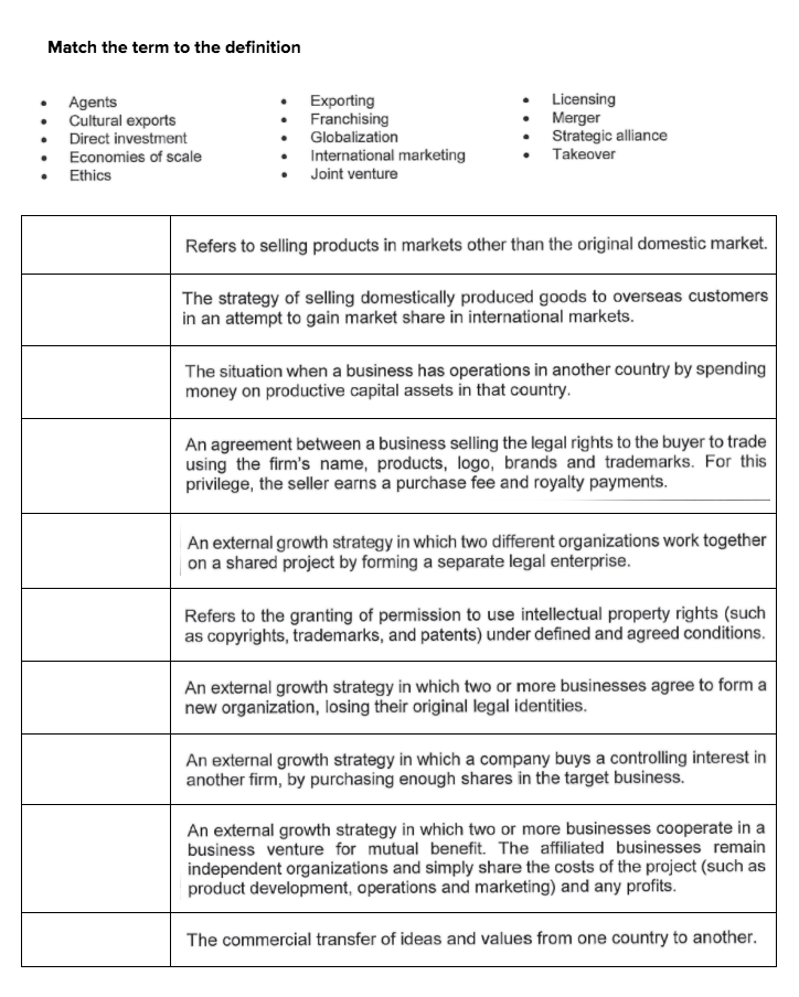 Match the term to the definition Agents . . . . .