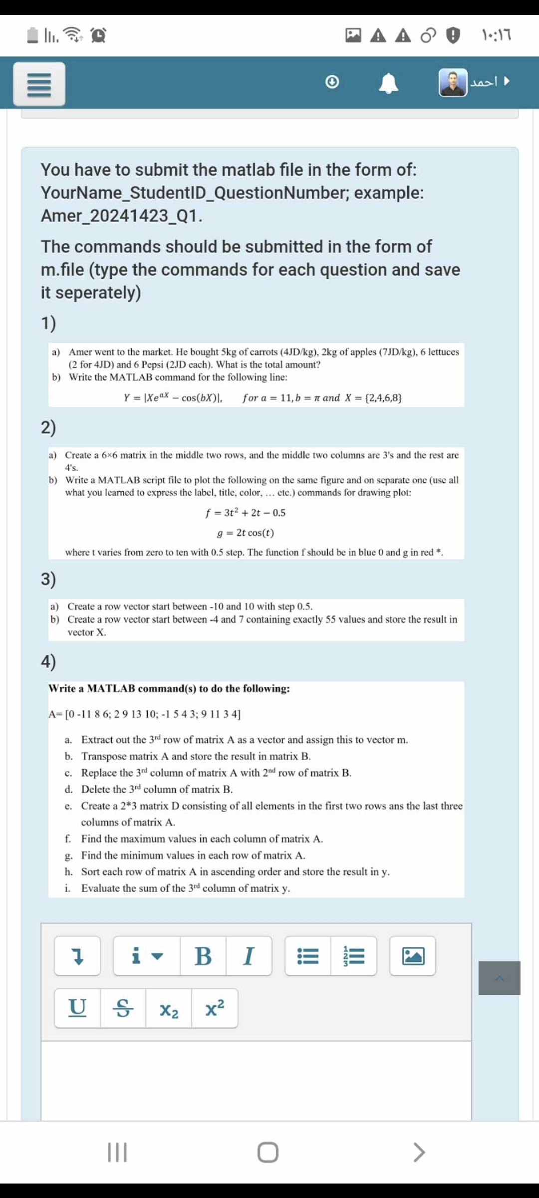 a ) Create a 6 6 matrix in the middle two rows,