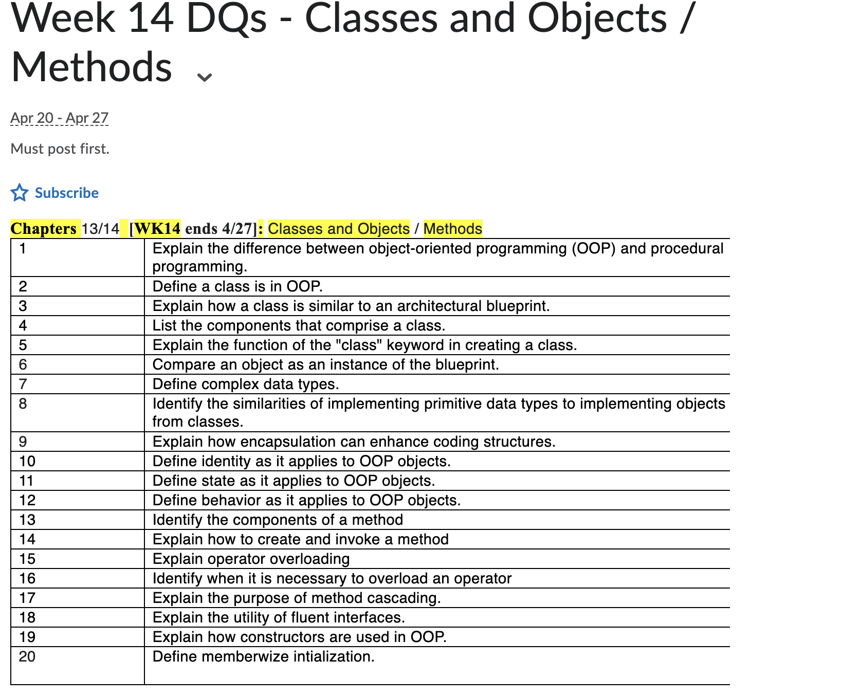 Week 1 4 DQs - Classes and Objects / Methods Apr
