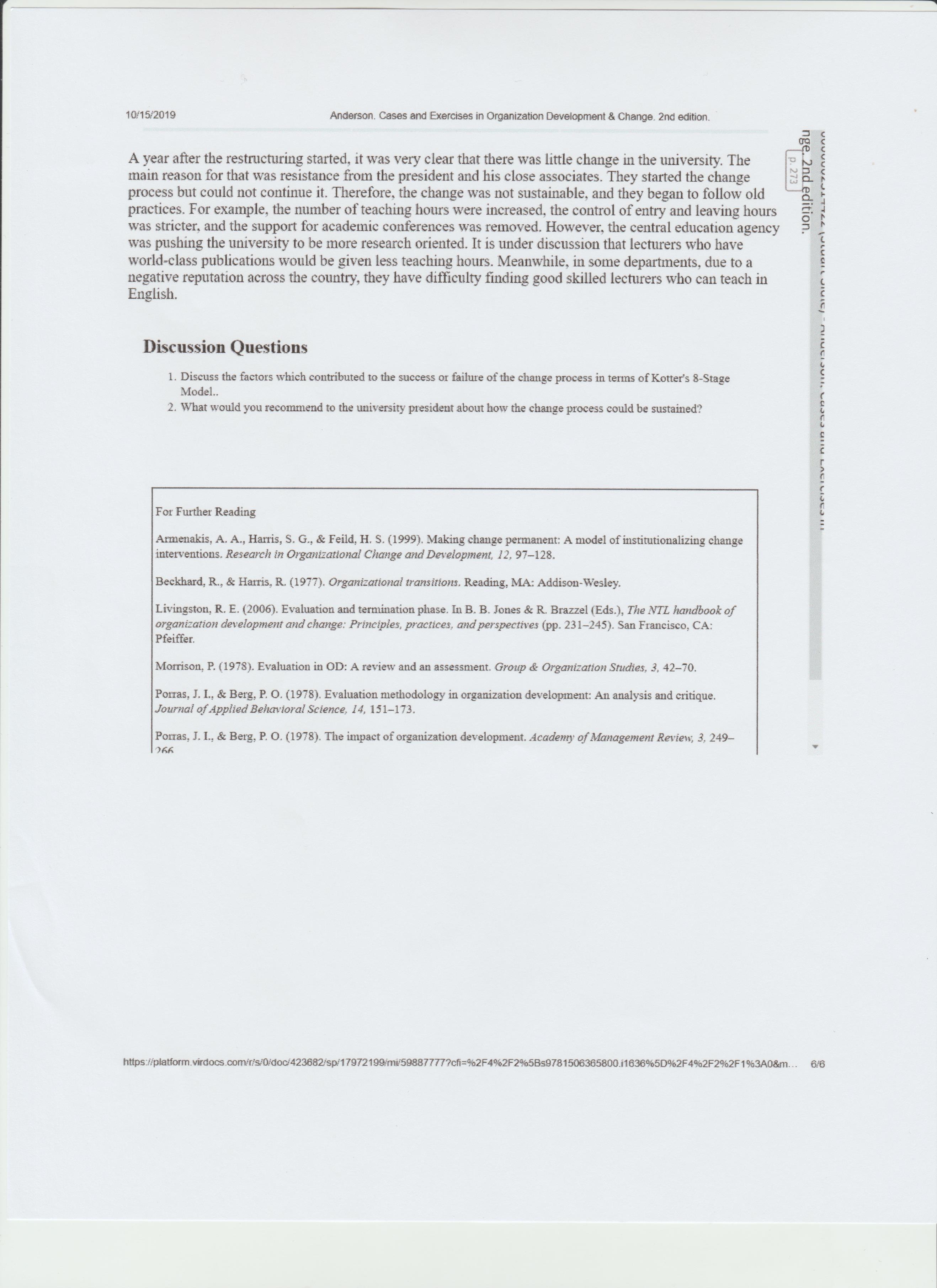 Using Kotter's 8 step process for change, analyze