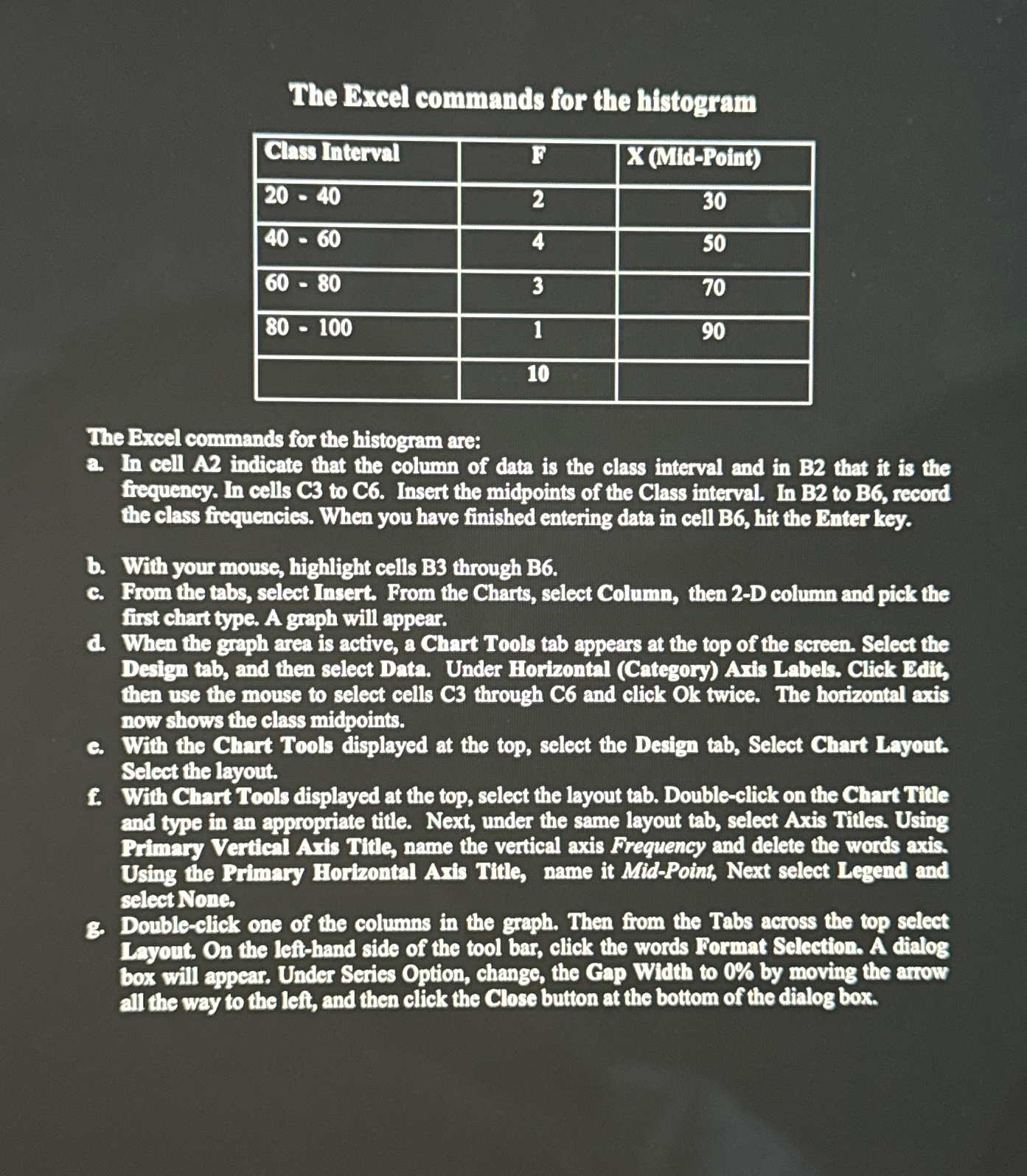 The Excel commands for the histogram \ table [ [
