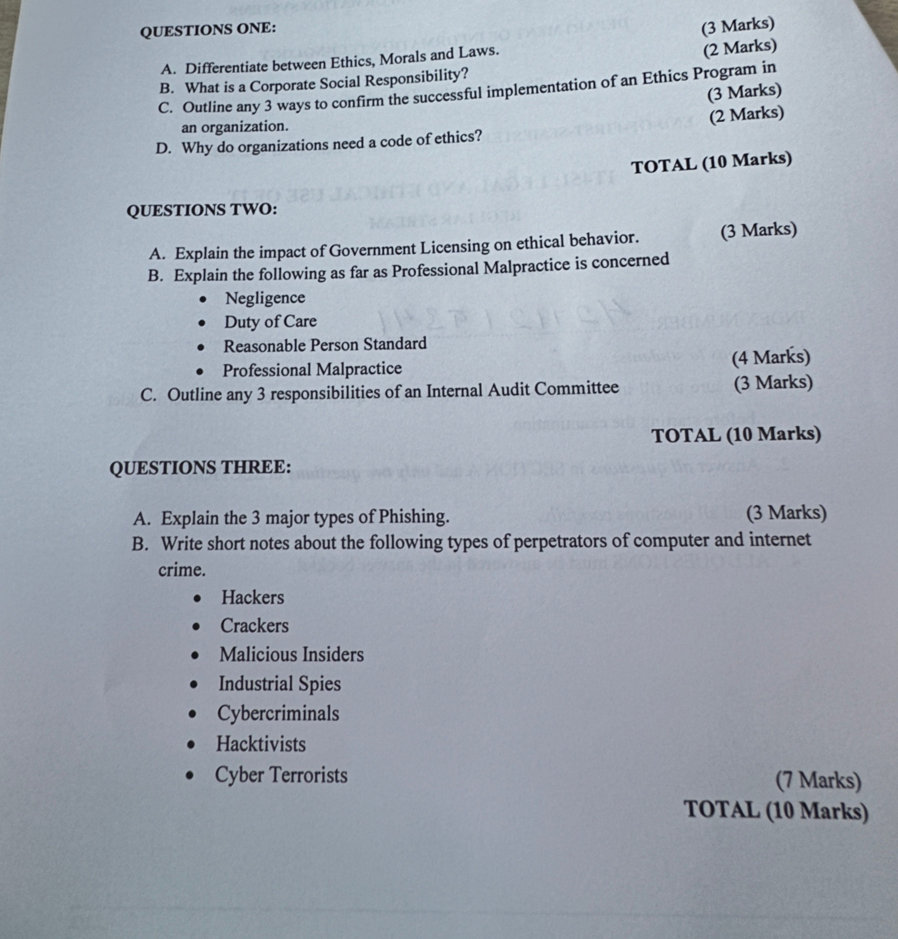 QUESTIONS ONE: A . Differentiate between Ethics,