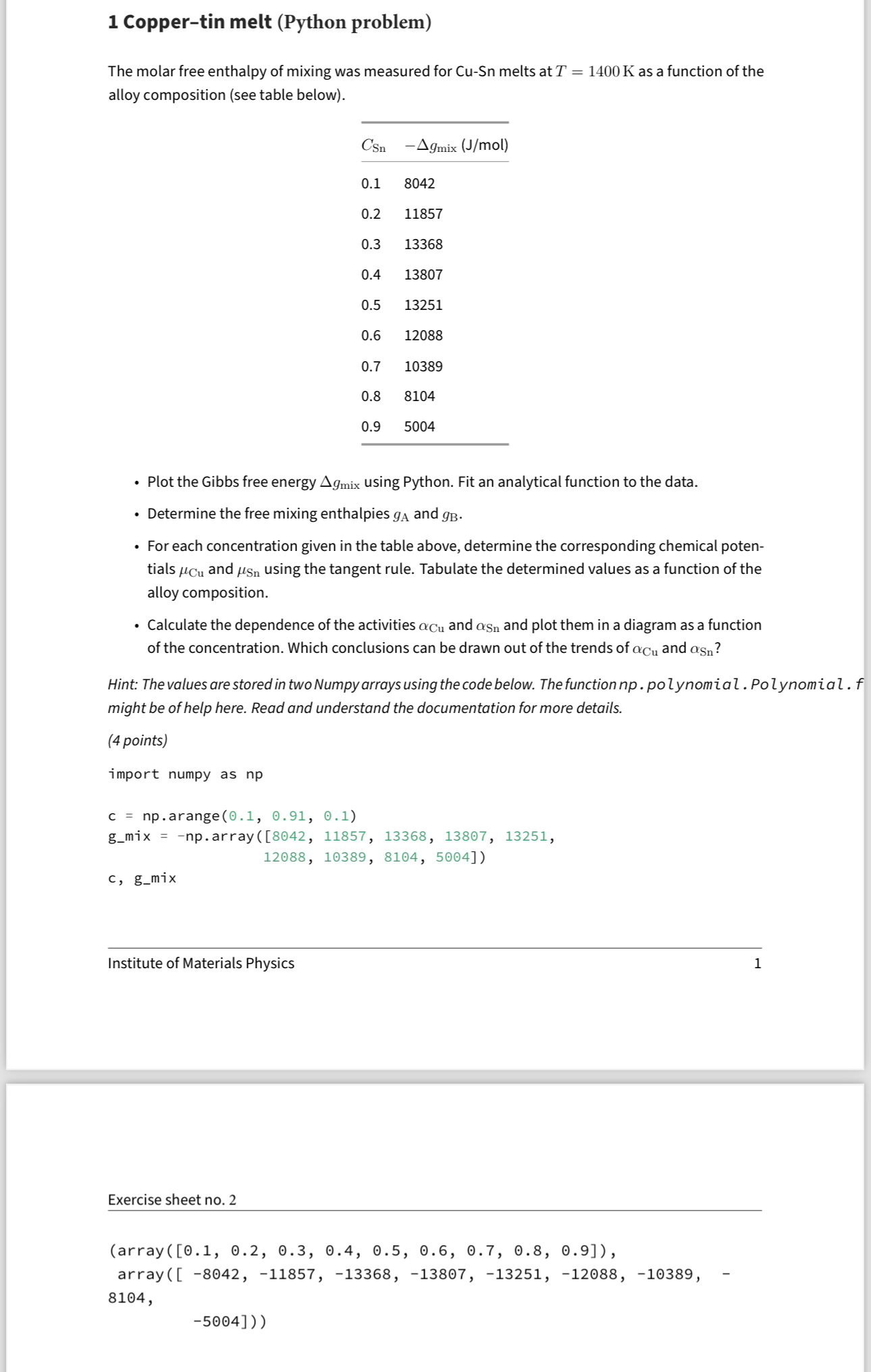 1 Copper - tin melt ( Python problem ) The molar