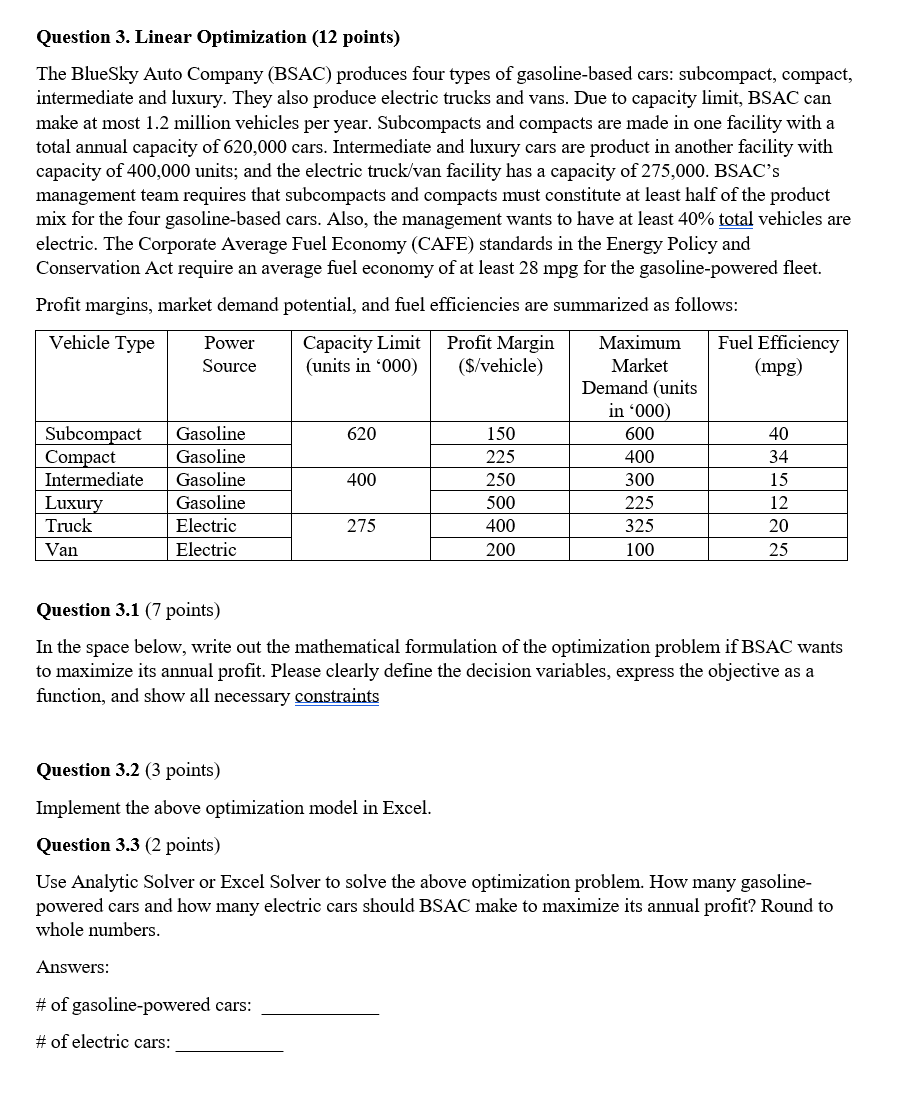Question 3. Linear Optimization (12 points) The