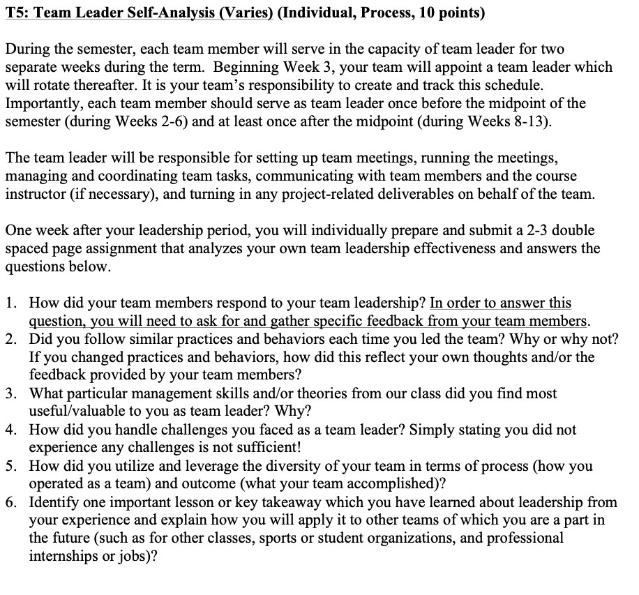 T5: Team Leader Self-Analysis (Varies)