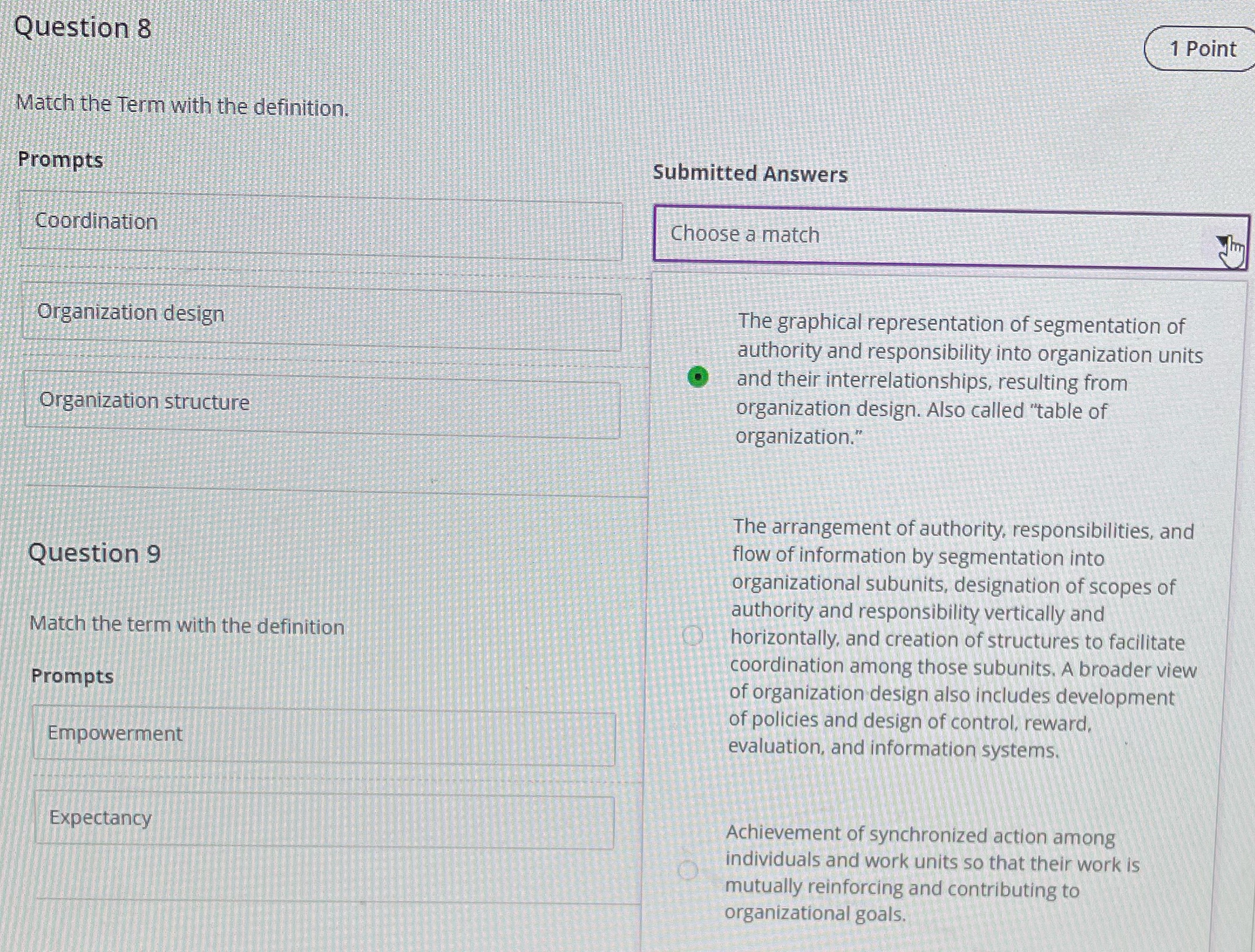 Question 8 Question 8 1 Point Match the Term with