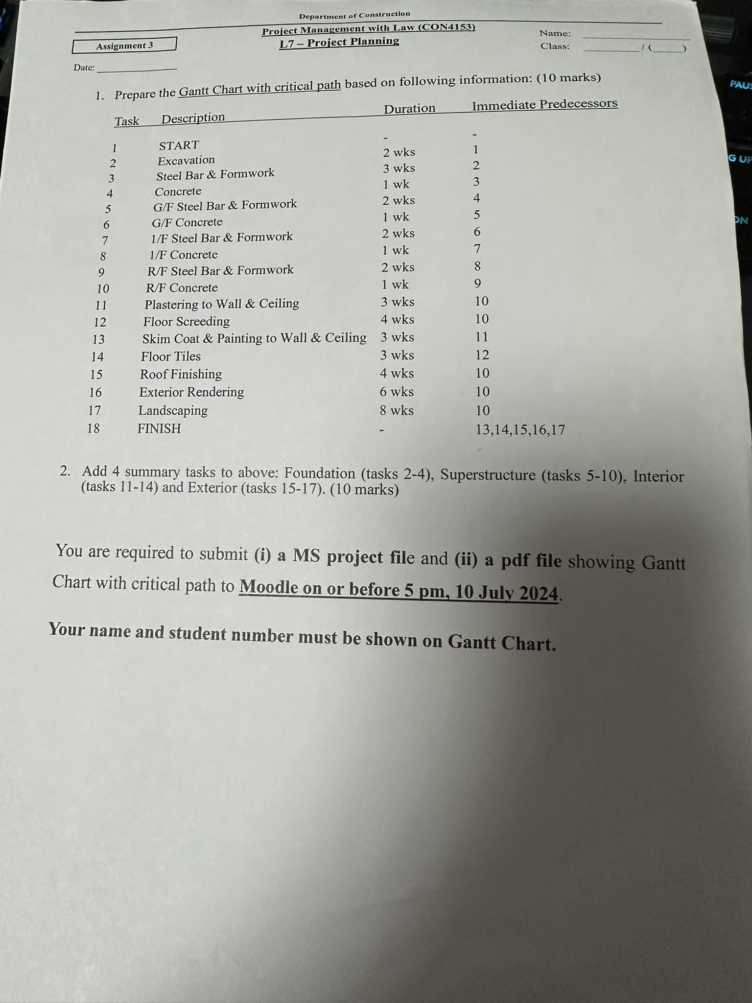 You are required to submit (i) a MS project file