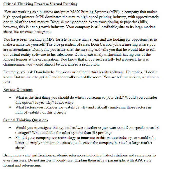 Critical Thinking Exercise Virtual Printing You