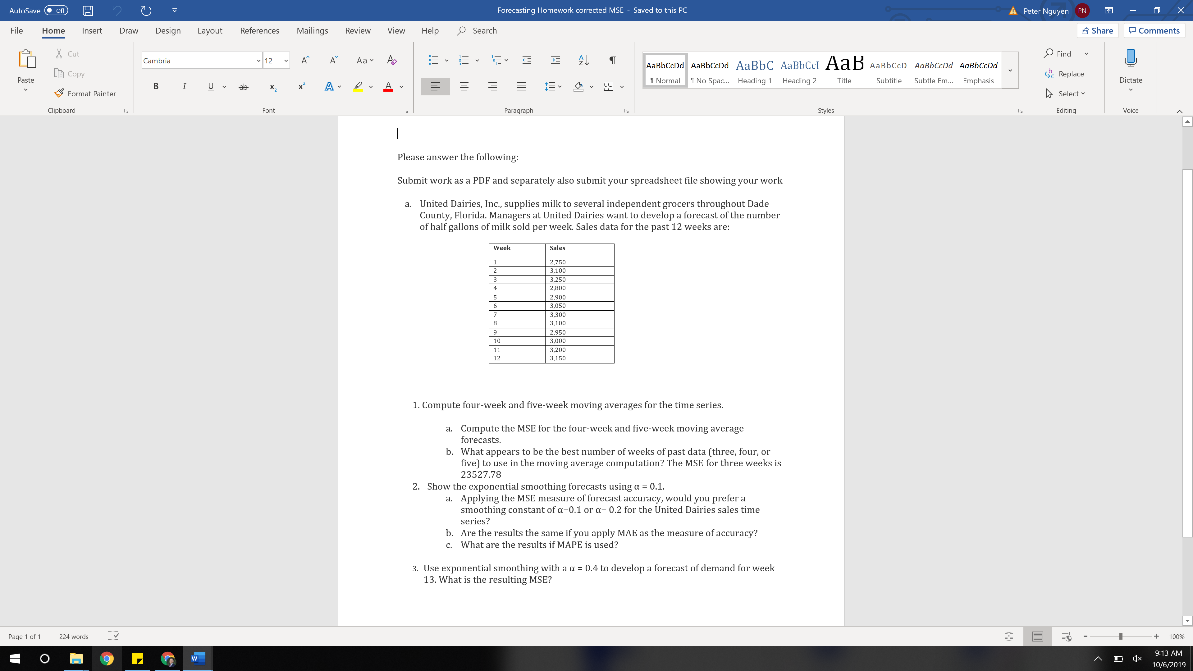 AutoSave . off 7 ) Forecasting Homework corrected