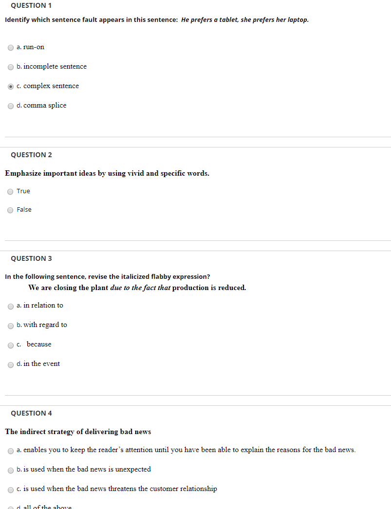 QUESTION 1 Identify which sentence fault appears