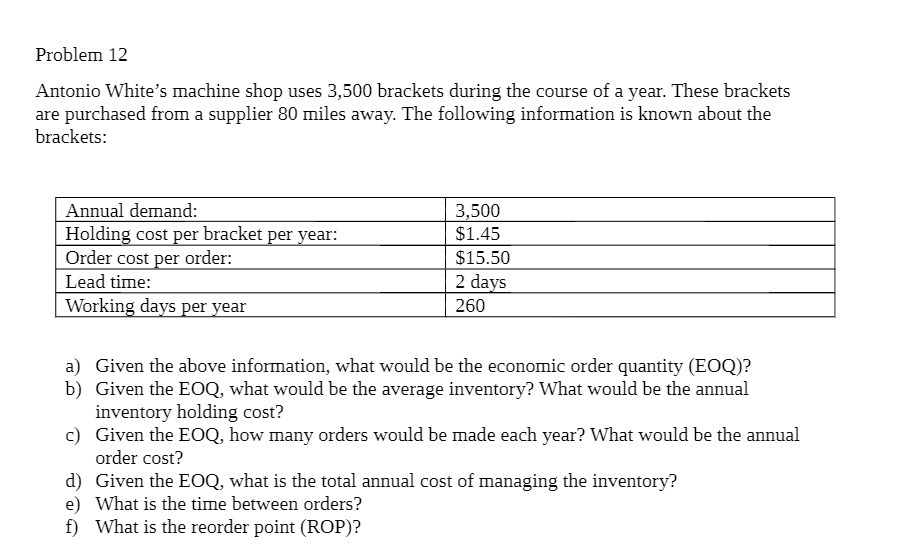 Problem 12 Antonio White's machine shop uses