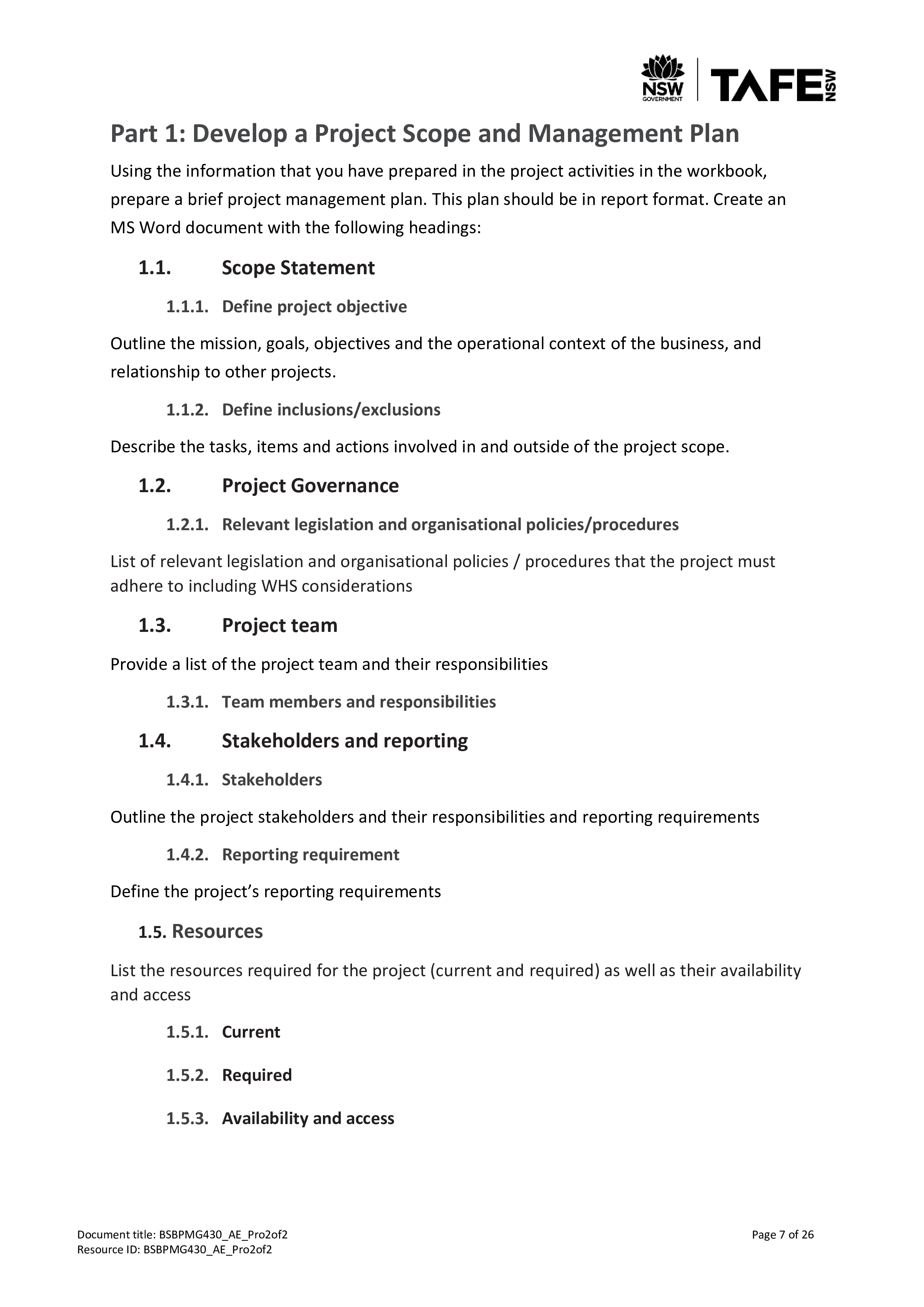 A .l 9 NSW GOVERNMENT TAFE: Part 1: Develop a