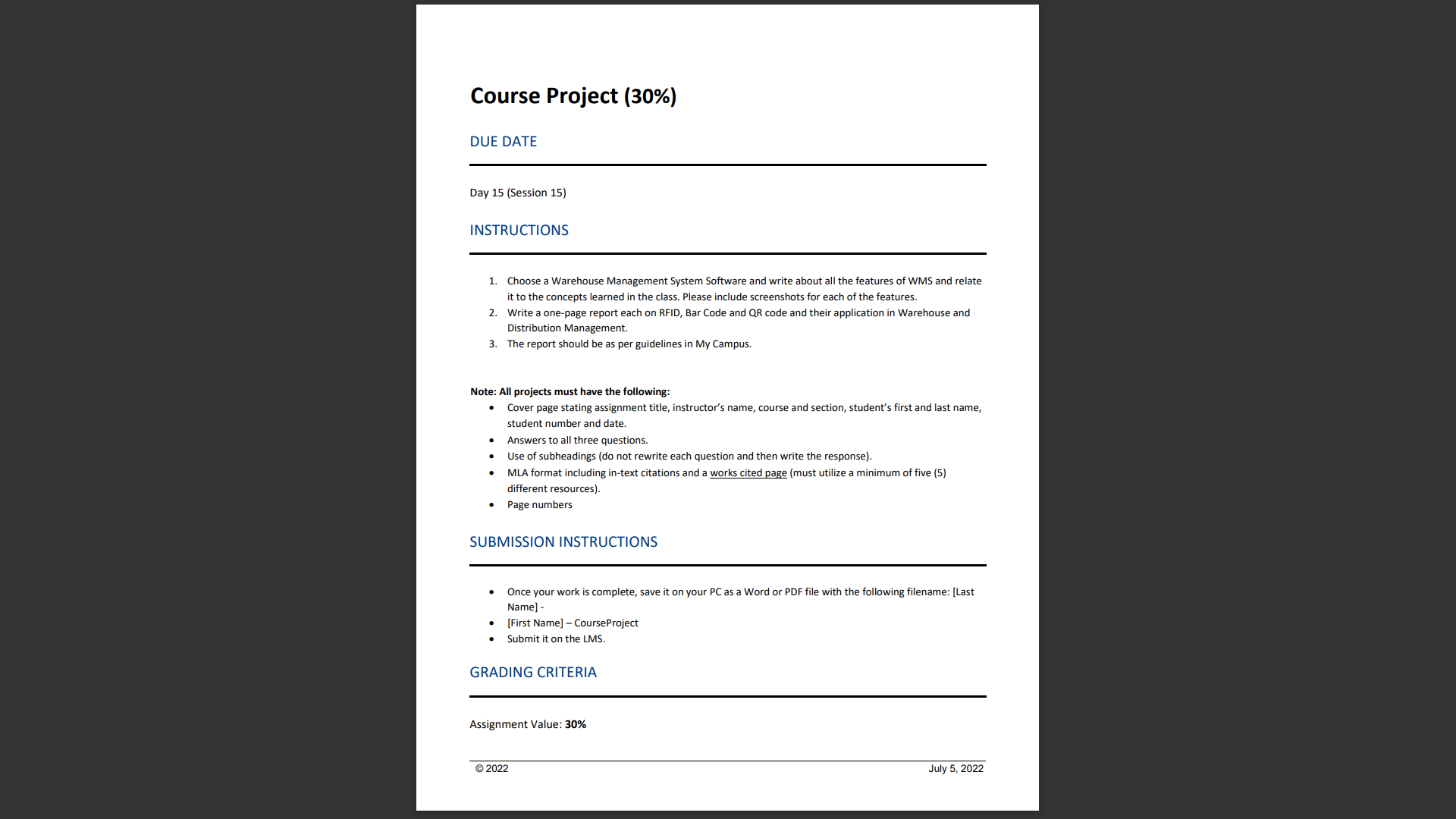 Course Project (30%) DUE DATE Day 15 (Session 15)