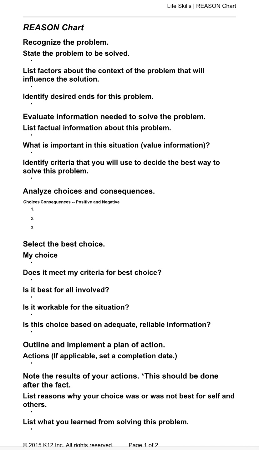 Life Skills | REASON Chart REASON Chart Recognize