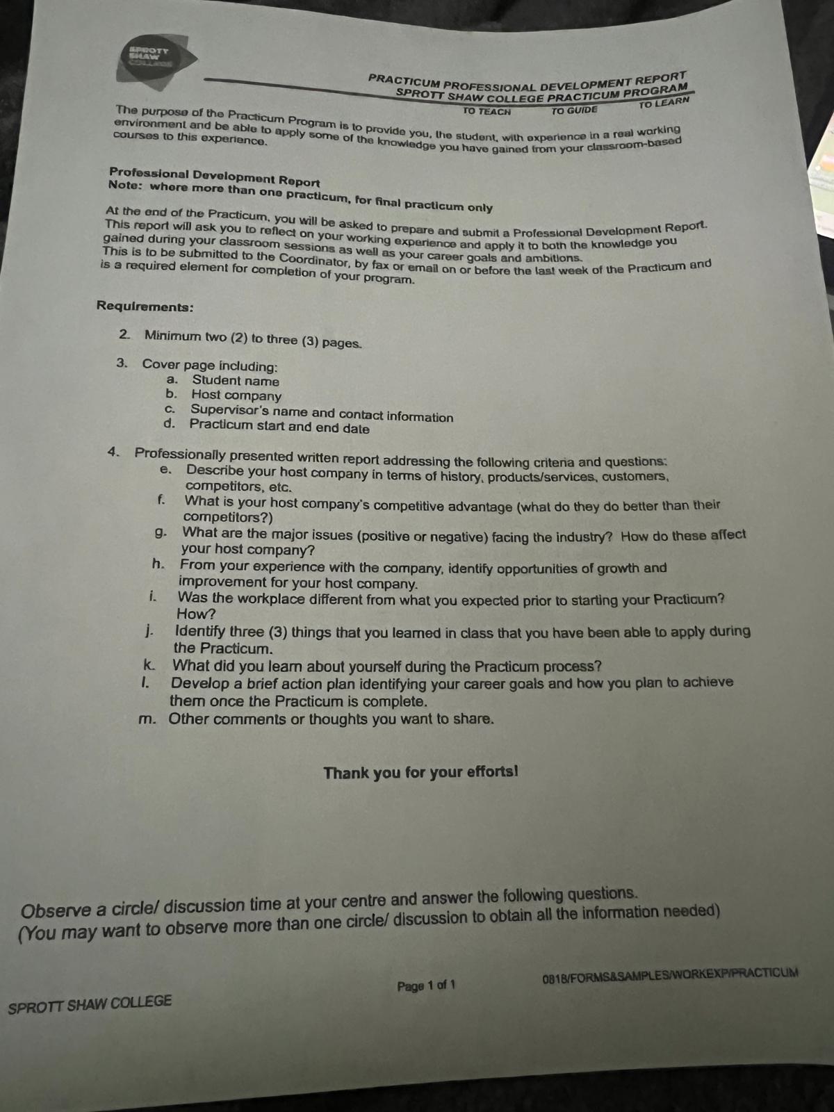 PRACTICUM PROFESSIONAL DEVELOPMENT REPORT SPROTT