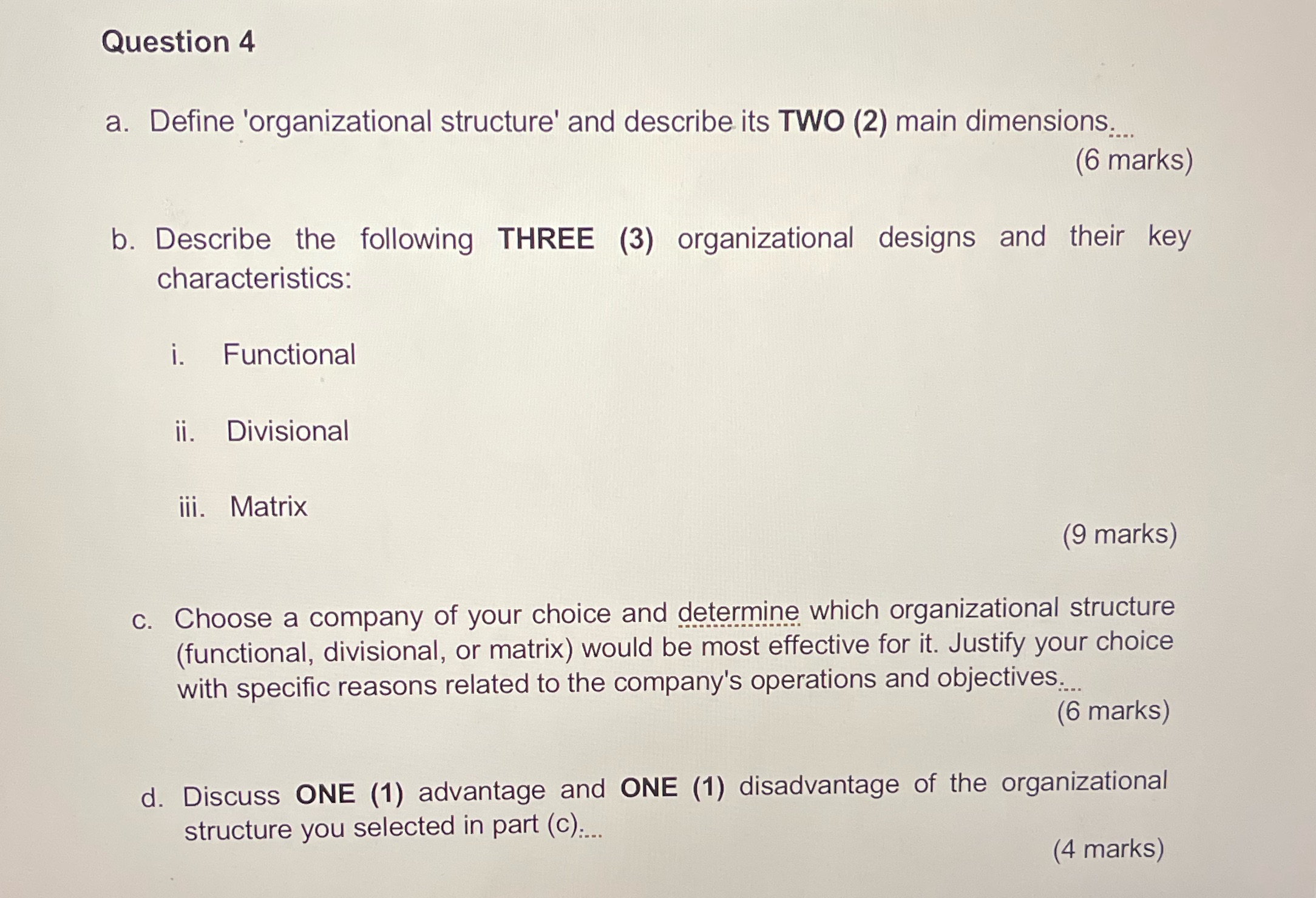 Question 4 a. Define 'organizational