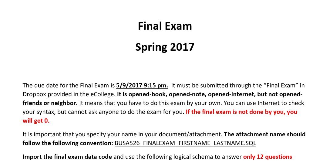 Final Exam Spring 2017 The due date for the Final