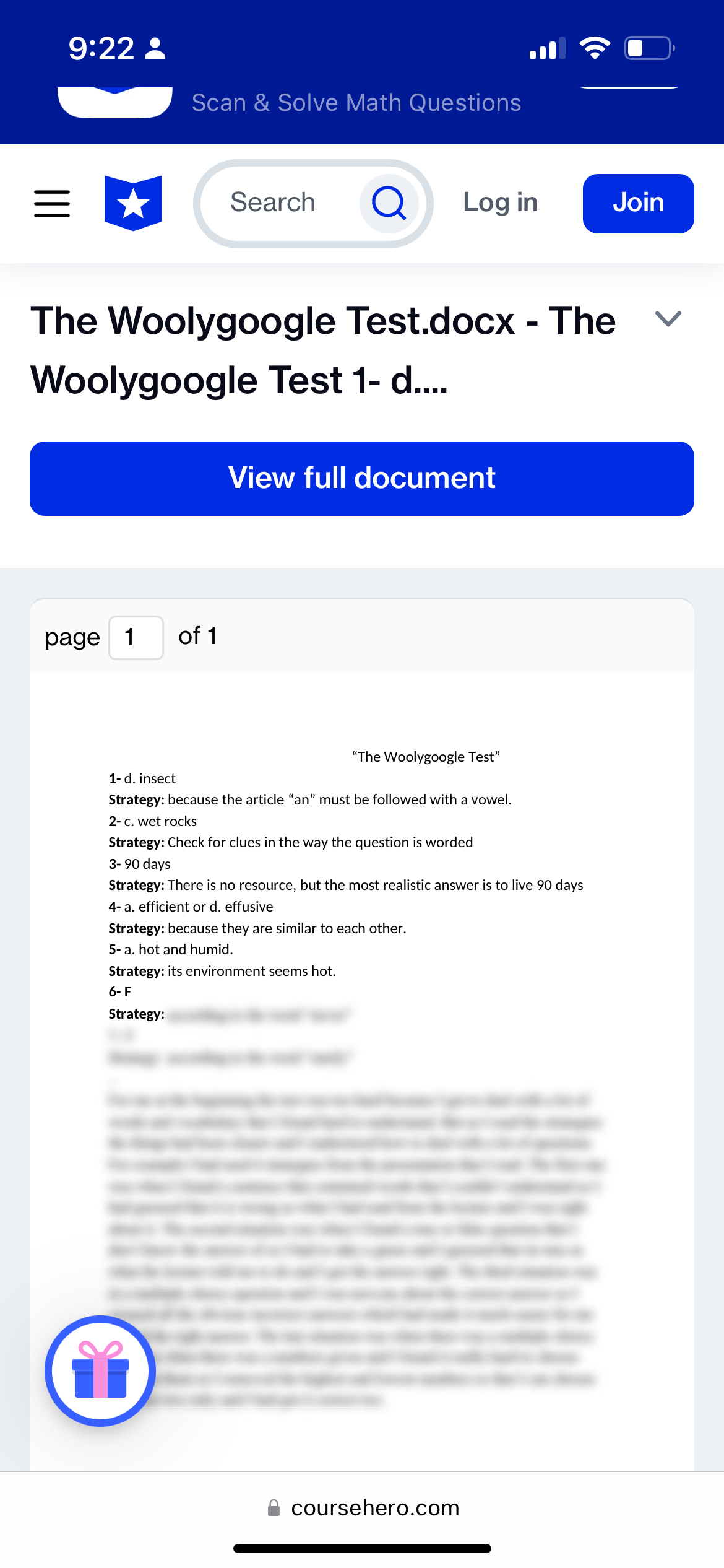 9:22 8 Scan & Solve Math Questions Search Q Log