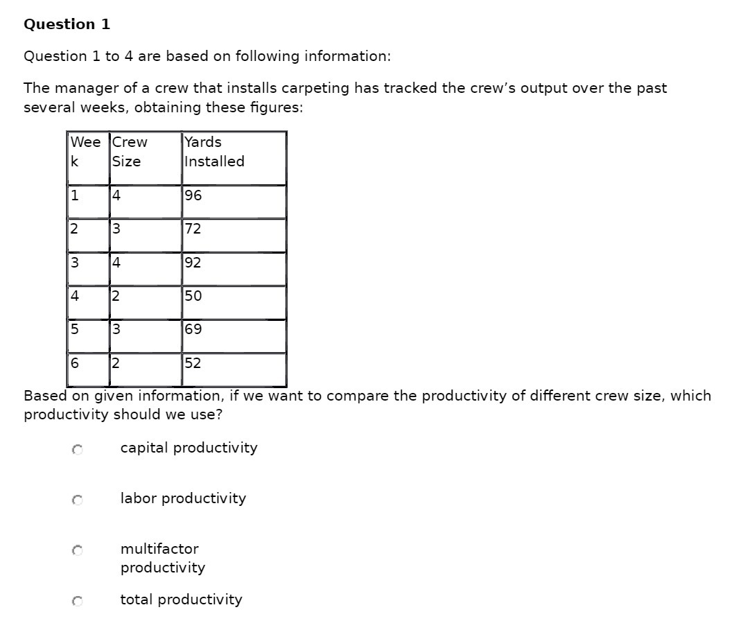 Question 1 Question 1 to 4 are based on following
