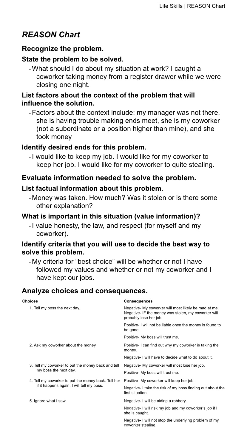 Life Skills | REASON Chart REASON Chart Recognize