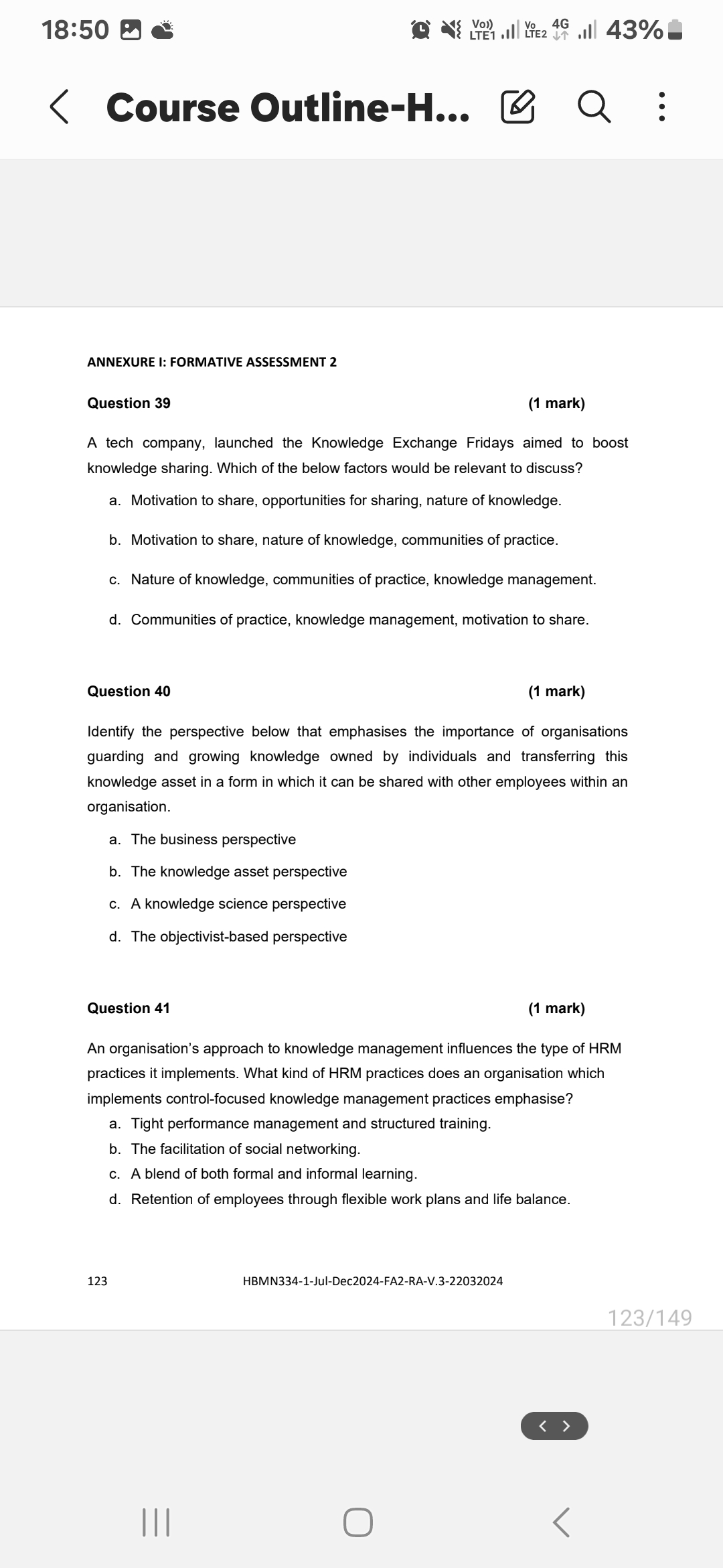 18149 M & 0 N5 0 43% - { Course Outline-H... Q :