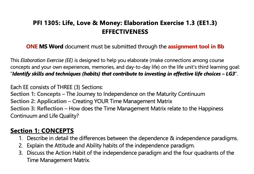 PFl 1305: Life, Love & Money: Elaboration