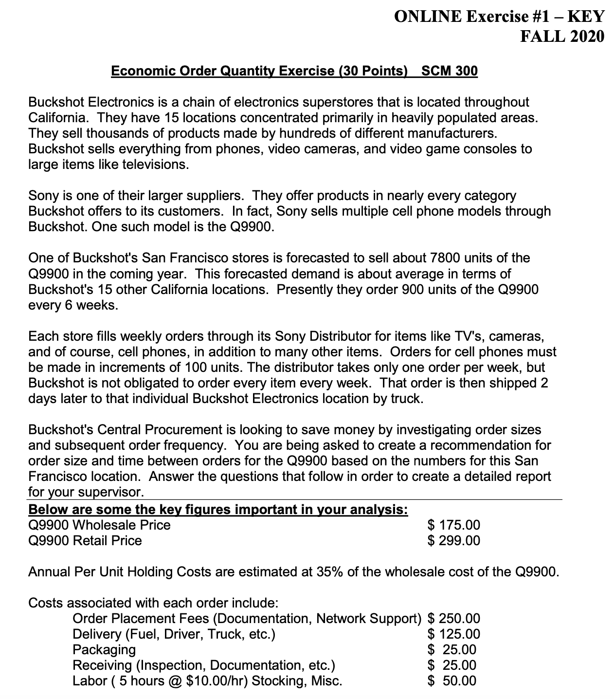 ONLINE Exercise #1 KEY FALL 2020 Economic Order