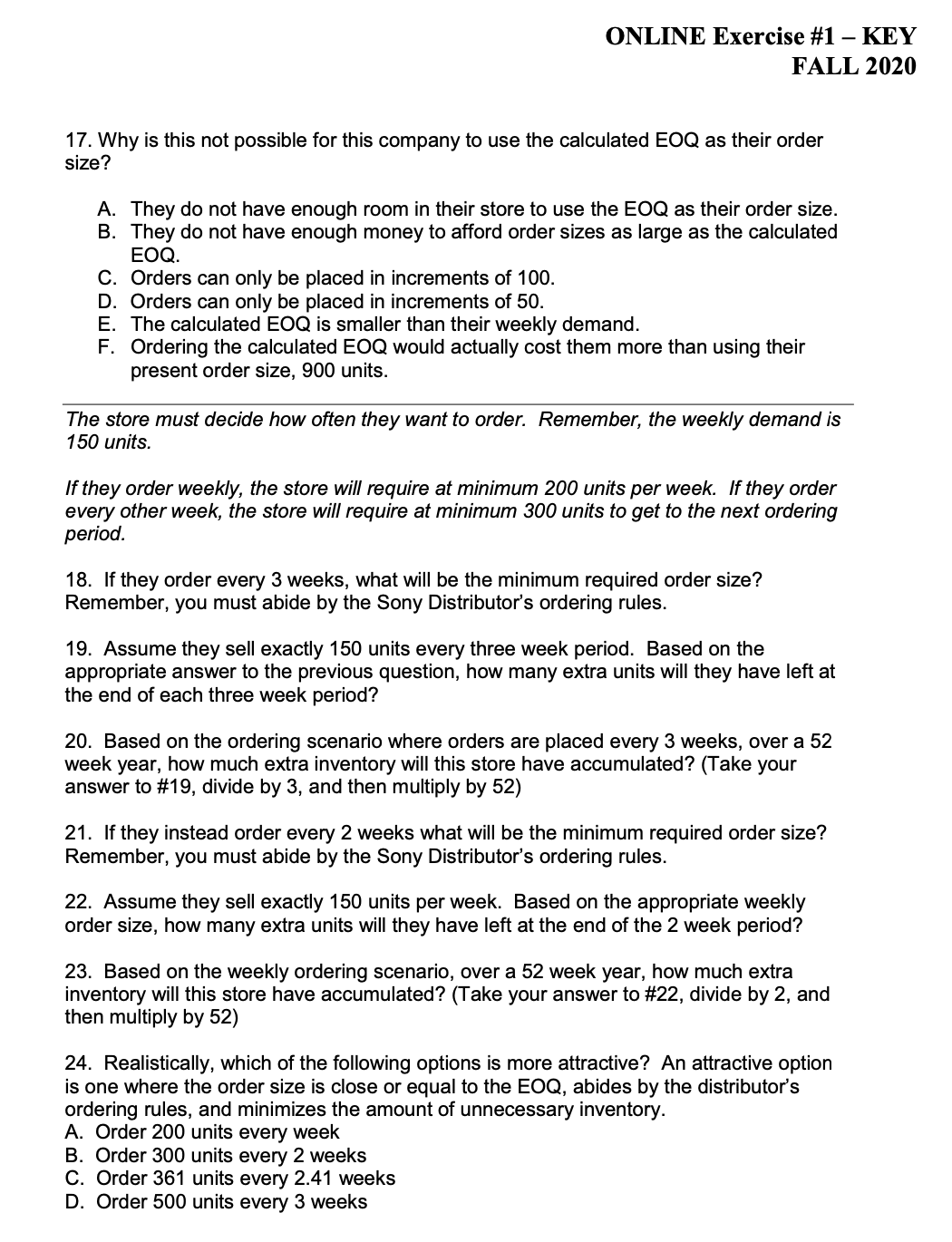 ONLINE Exercise #1 KEY FALL 2020 Economic Order