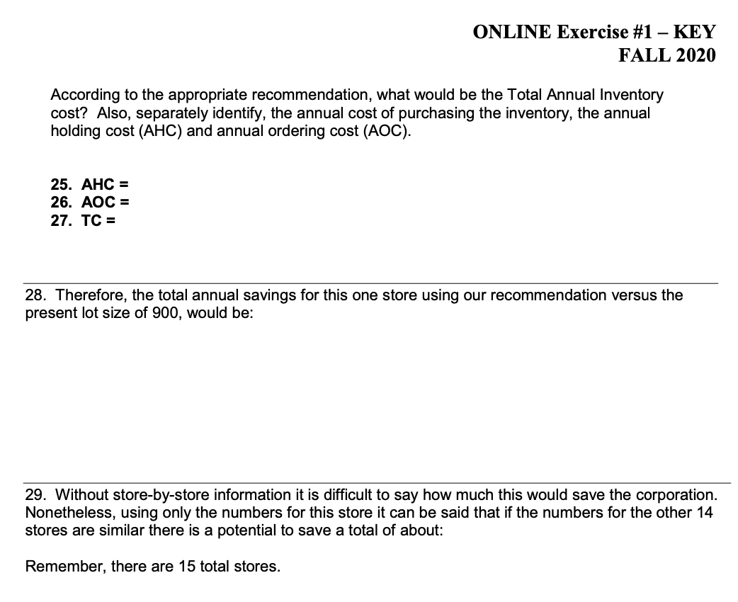 ONLINE Exercise #1 KEY FALL 2020 Economic Order
