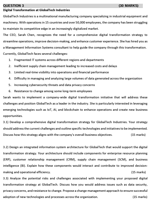 QUESTION 3 (30 MARKS) Digital Transformation at