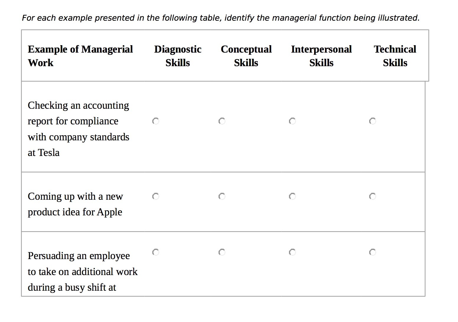 For each example presented in the following
