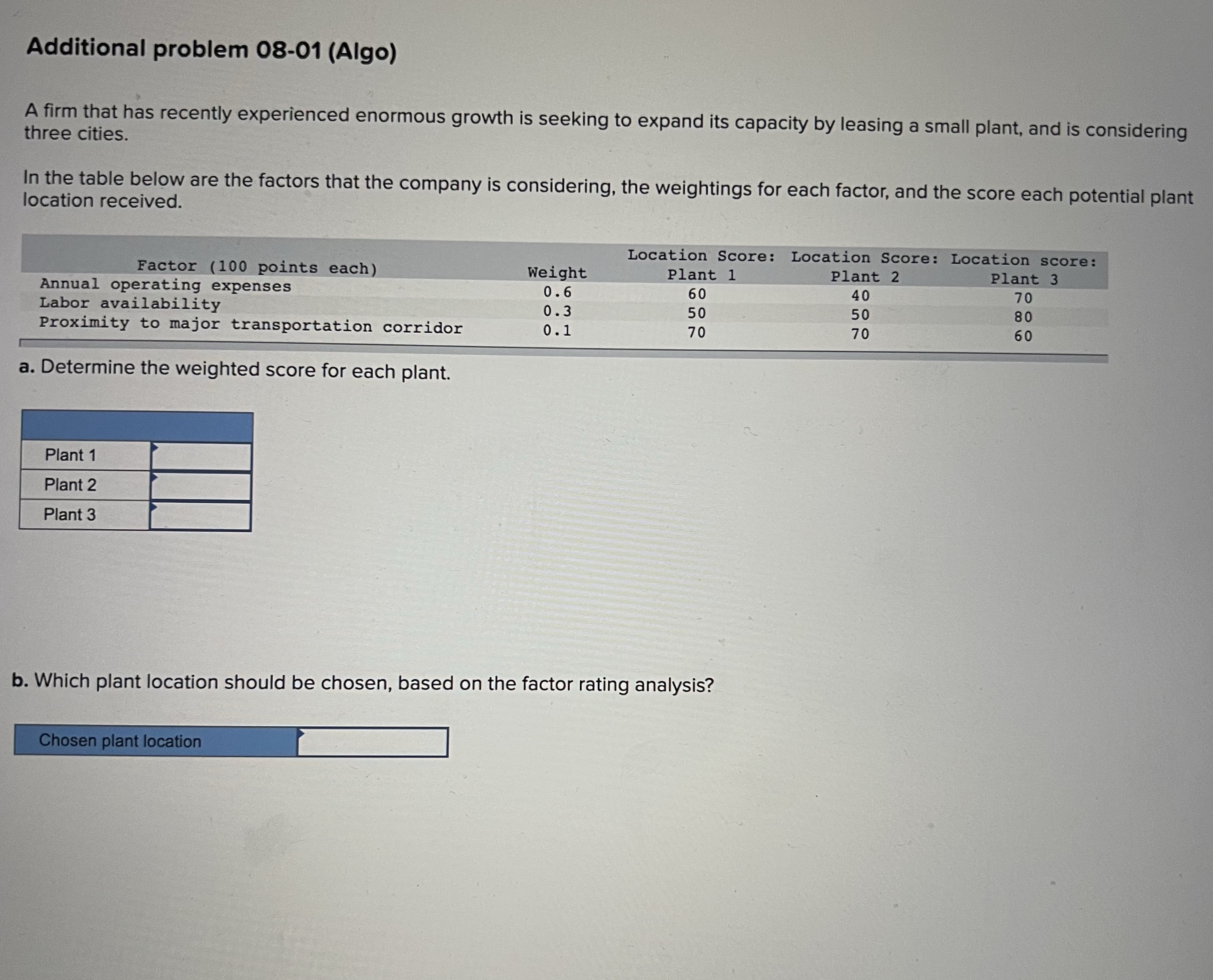 Additional problem 08-01 (Algo) A firm that has