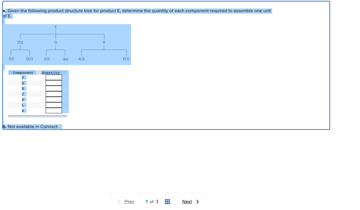 a. Given the following product structure tree for