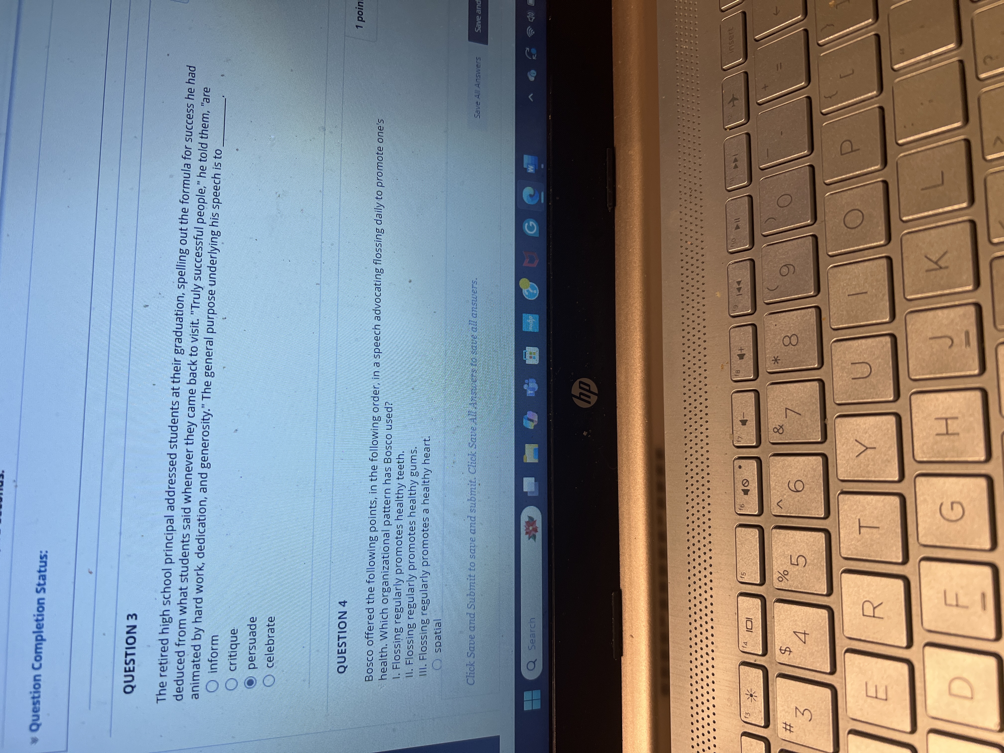 * Question Completion Status: QUESTION 3 The