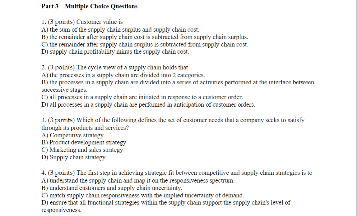 Part 3 Multiple Choice Questions 1. (3 points)