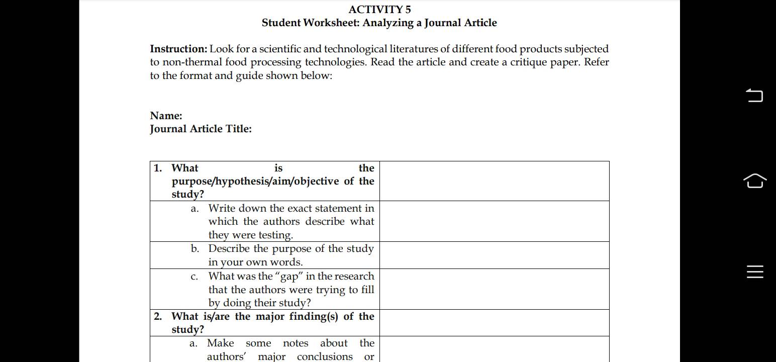 ACTIVITY 5 Student Worksheet: Analyzing a Journal